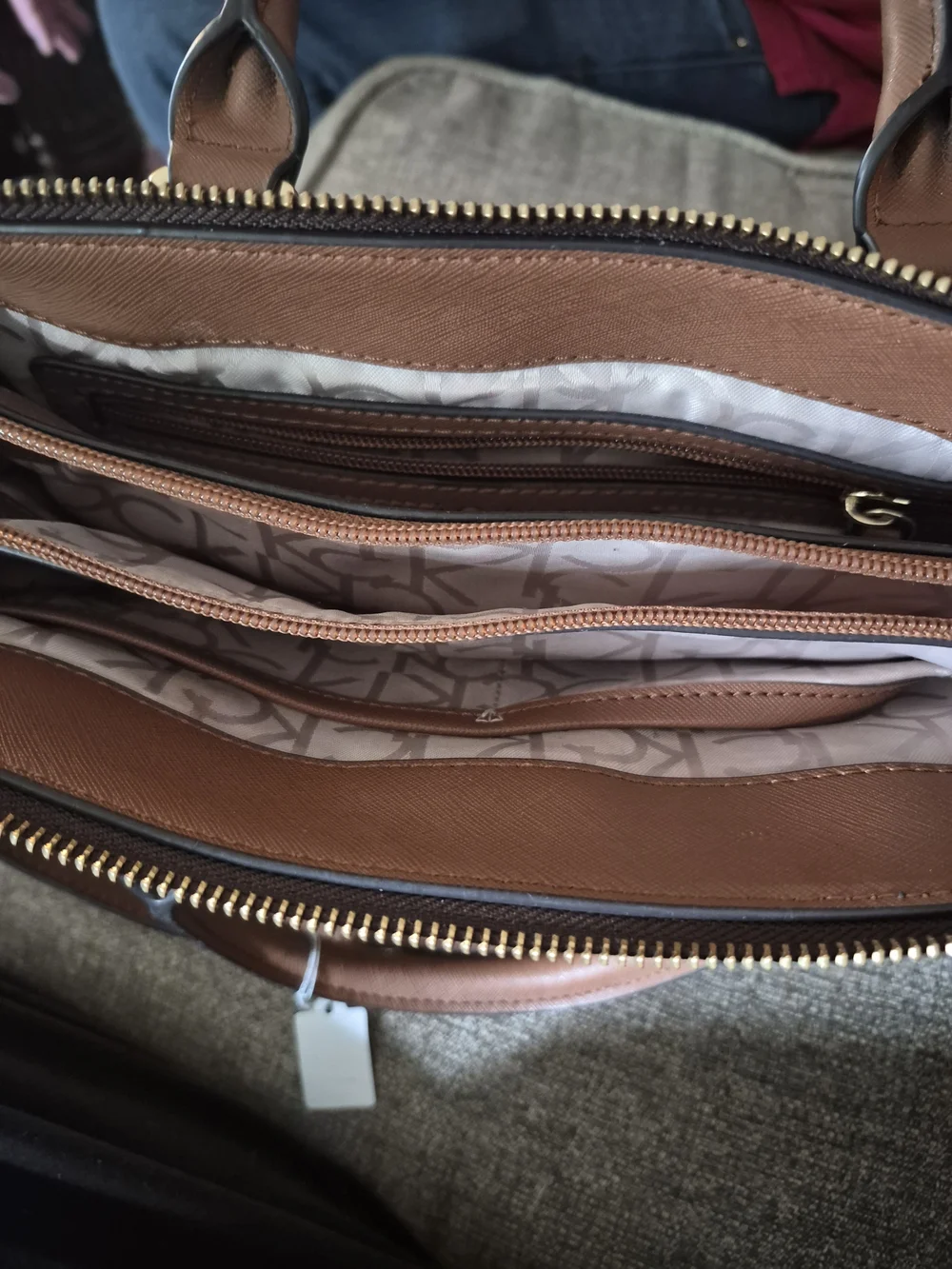 Calvin Klein Brown Monogram Satchel with Gold Chain and Tan Trim